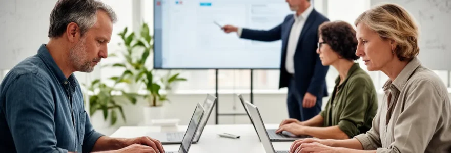 Trois apprenants concentrés devant ordinateurs portables dans salle de formation moderne