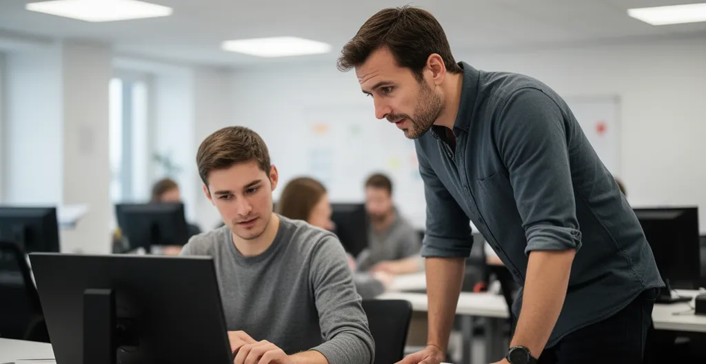 Formateur penché vers écran d'apprenant dans salle de formation
